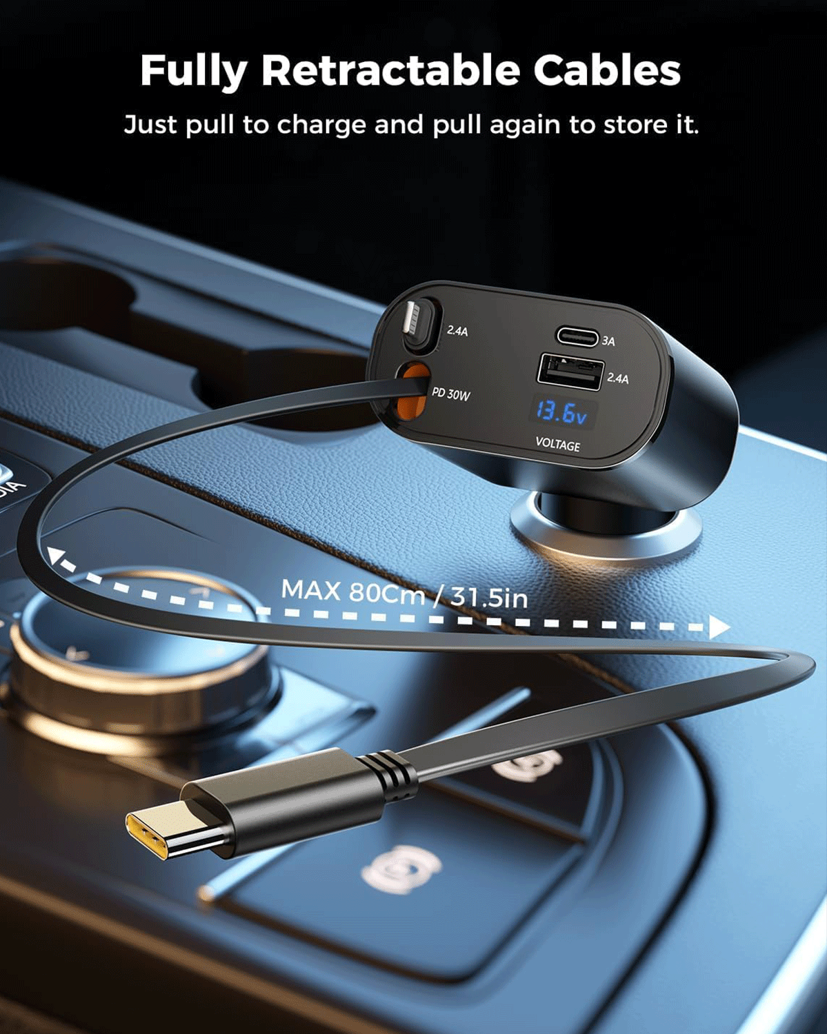 Retractable Car Charger, 4-in-1 Fast Charging