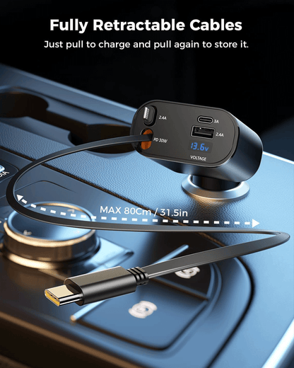 Retractable Car Charger, 4-in-1 Fast Charging
